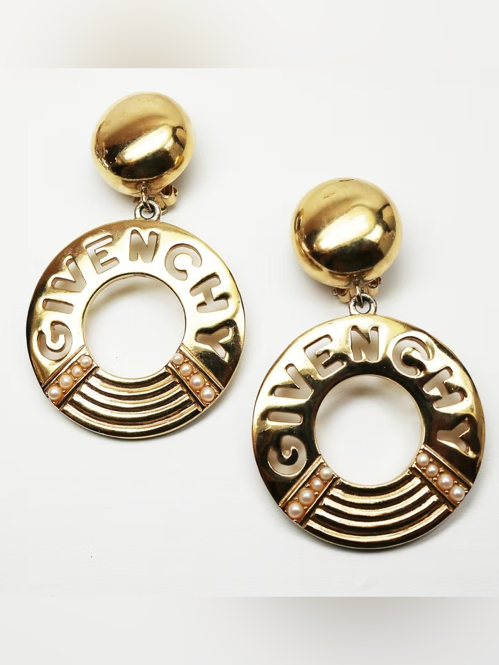 Givenchy Vintage Clip On Earrings Logo Disc Dangle Gold Chunky Runway Signed
80s